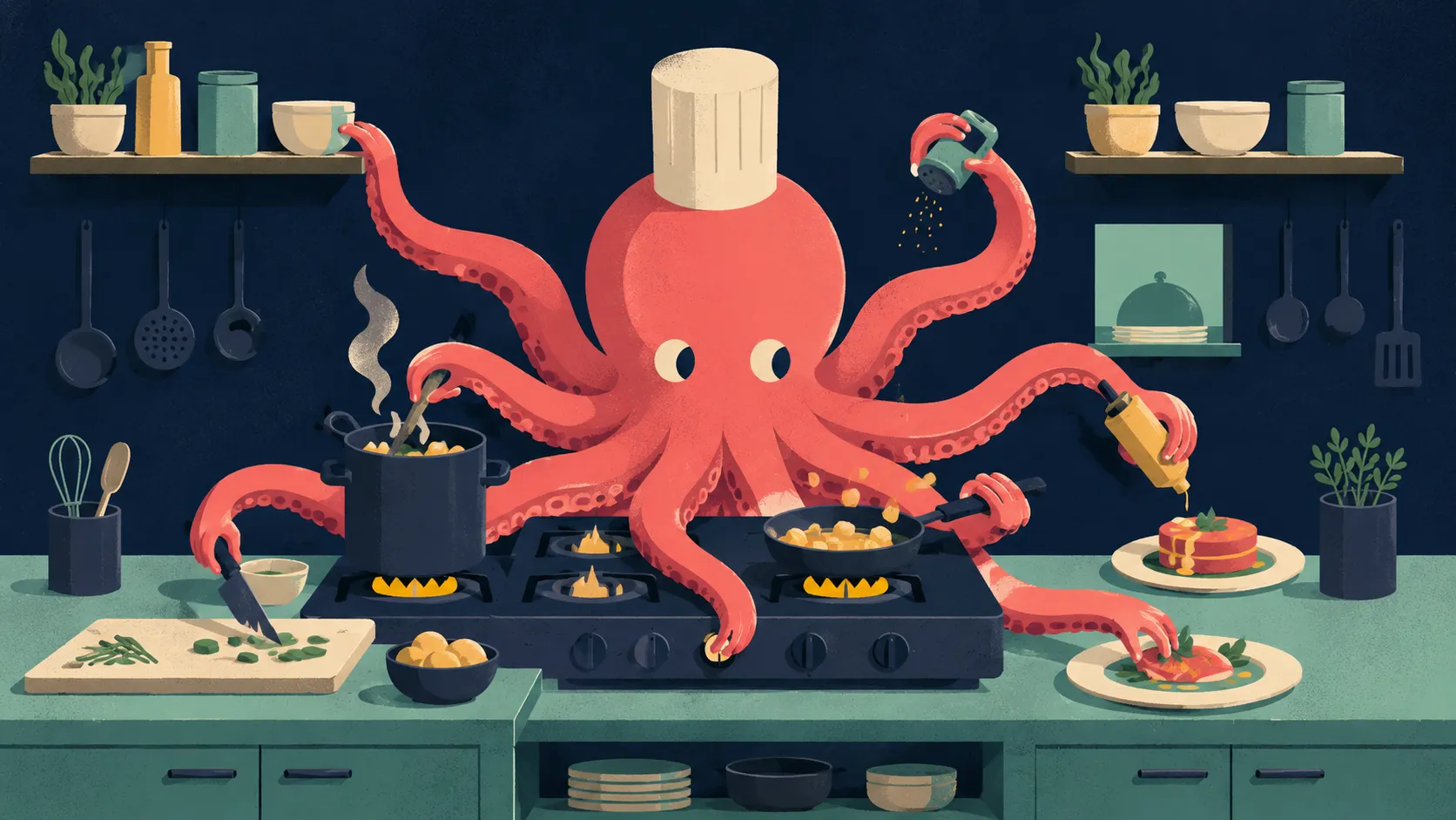 Illustration of an octopus chef handling eight things at a time